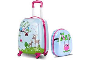 DREAMADE Valise Enfant 16" et Sac à Dos 12", Bagage à Main Rosé pour Enfants Filles, Cabine Enfant avec Motif Zoo du matin, Valise Enfant Roulette avec 4 Roues Pivotante à 360°en Dessin (Zoo du matin)