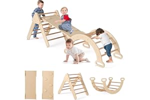 GOPLUS 7 en 1 Triángulo de Escalada para Niños de 1 Año, Montessori Escalador con Tobogán Rampa Arco, Juguetes de Escalada de Madera, Slide Aprendizaje para Guardería Casa, Carga 50 kg (Natural)