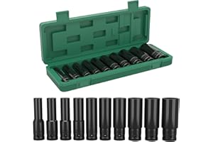 KeZaara 10 Pezzi Chiavi a Bussola Lunghe 1/2, Set Bussole 1/2", 10-24mm Bussole a Impulsi con Custodia in Plastica, para Riparazioni Auto Cambio Gomme