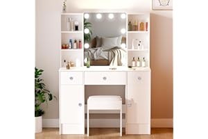 Guanglai Hollywood Dressing Table with Chair, Vanity Desk with Mirror and Lights, Makup Vanity with 6 Shelves, 3 Drawers & 2 Cabinet, White Vanity with 3 Adjustable Brightness for Bedroom