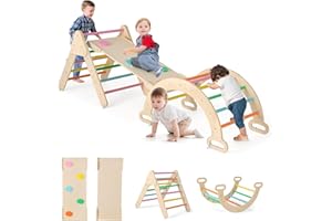 GOPLUS 7 en 1 Triangle Arche Montessori, Arche d'escalade Enfants avec Toboggan Bois,Rampe, Échelle Réglable, Charge 50KG, pour Tout-Petits Bébé 1 Ans+(Multicolore)
