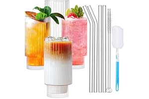 ZZXLOPEZ Lot de 4 Verres à Cocktail avec Paille, Verre Long Drink 300ML, Verre Vintage Style Origami, Tasses à Café Glacé pour Famille, Fête, Smoothie, Bière, Cocktail, Jus, Transparent