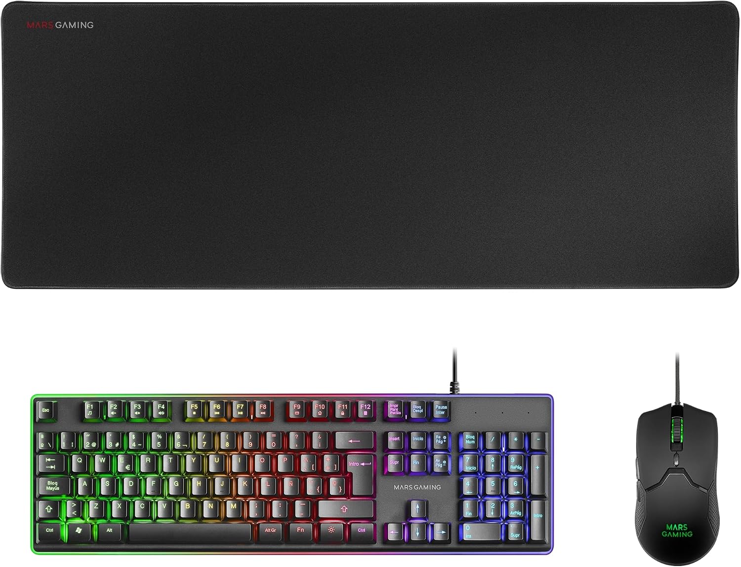Mars Gaming MCPX, Idioma Español, Combo Gaming 3en1 con Teclado H-Mech Iluminado, Ratón Ultraligero 10000 dpi con Software y Alfombrilla XXL, Compatible con PC, PS4, PS5, Xbox, Negro