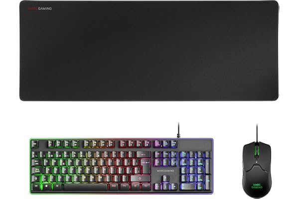 Mars Gaming MCPX, Idioma Español, Combo Gaming 3en1 con Teclado H-Mech Iluminado, Ratón Ultraligero 10000 dpi con Software y Alfombrilla XXL, Compatible con PC, PS4, PS5, Xbox, Negro