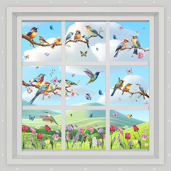 Frühlings-Fensterbilder Selbstklebend – Mit Schmetterlingen, Blumen & Vögeln, 9 Stück Set