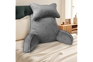 AOOWU Poduszka do czytania ze zdejmowanym zagłówkiem, poduszka pod plecy z podparciem ramion i kieszeniami, poduszka na plecy dla dorosłych, do leżenia w łóżku, czytania, oglądania telewizji, gier dla