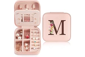 SINEKONG Schmuckkästchen Klein Reise für Damen Mädchen, Schmuckkasten mit initiale M, Mini Schmuckschatulle mit Spiegel für Ringe, Ohrringe, Halskette für Damen Geschenk für Geburtstag, Weihnachten, Muttertag
