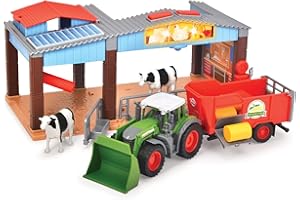 Dickie Toys 203735003 Stacja farma gospodarcza z traktorem i figurki; światło i dźwięk; ciągnik z przyczepą i krowami; zabawa w rolnika; wymiary: 17x30x15 cm; prezent dla dzieci od 3 lat