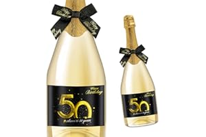 Giftota 2 unidades 50 etiquetas para botellas de cumpleaños y lazos de regalo – Etiquetas de vino personalizadas autoadhesivas para vino espumoso y vino espumoso – Decoración de 50 cumpleaños – Regalo