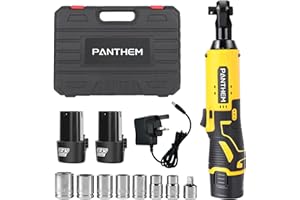 PANTHEM Cordless Ratchet Wrench Set 60N.m, 3/8" Electric Ratchet Driver with 7 Sockets, 1/4" Adapter, 1-2 H Fast Charger, 12V Powered Ratchet Wrench with 2X 2.0Ah Lithium-Ion Battery mit LED Light (Yellow)