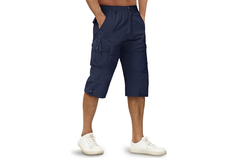 TACVASEN Men's 3/4 Length Shorts Cotton Casual Capri Cargo Shorts Cropped Trousers with Multi Pockets