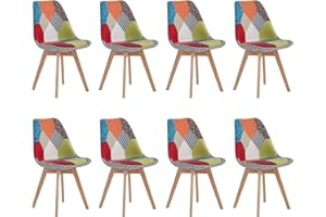 HJhomeheart Juego de 8 Sillas de Comedor de Tela Patchwork con Cojín de Asiento Extraíble y Patas de Madera Maciza para Comedor, Sala de Estar, Cocina, etc. (Retazos Rojo)