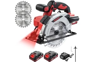 Sega circolare laser a batteria TEENO 4000 giri/min. con freno elettrico, batterie 2X2.0 AH, lame 2X165 mm, profondità di taglio e angolo regolabile fino a 38 mm (45°), 54 mm (90°).