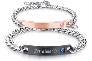 Flongo 2PCS Bracelets Acier Inoxydable Je T’Aime Chaînes de Main Composés Zircon pour Couples Amoureux Femme Homme Or Rose&Noir Cadeaux Saint Valentin Mariage