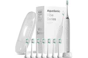 Aquasonic Vibe Series Ultra Whitening Toothbrush ADA Accepted Electric Toothbrush - 8 Brush Heads & Travel Case - Ultra Sonic Motor & Wireless Charging - 4 Modes w Smart Timer Satin Optic White