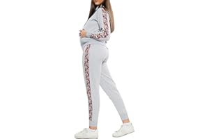 Love My Fashions® Womens Tracksuit Fleece Floral Side Panel Jogging Suit Set - Ladies Casual Ribbed Hem Cuffs Outwear - Zip Up Hoodie Bottoms for Jogging Gym and Cycling