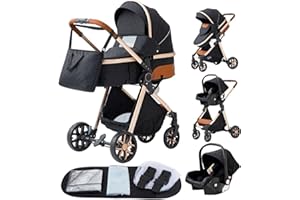 YAZOCO Poussette 3 en 1 Compacte 0-36kg Combiné Es Anstout Terrain Luxe Haut Paysage Quadruple Bébé Pliable Canne Poussettes Confort Accessoires Auto Siège Noir