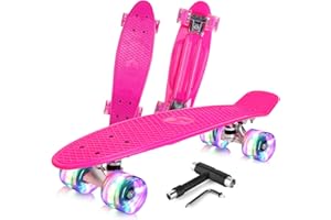 BELEEV Skateboard Complete 22 x 6 Inch Mini, para Niños, Adolescentes, Principiantes, Ruedas con luz LED de PU con Herramienta en T para Patines Todo en Uno, Monopatín 55cm