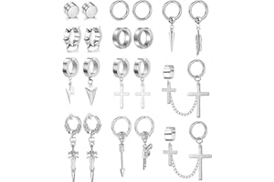 BVLAGIDA 20 Piezas Pendientes Hombre Pendientes Magnéticos de Acero Inoxidable Pendientes Clip Cruz Plumas Kpop Pendientes Negro Falsos Pendientes Para Hombres Mujeres
