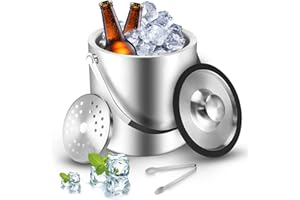 Sprifityy Seau à Glace en Acier Inoxydable,avec Couvercle en Silicone,Pince et passoire,Seau à Glace isolé,pour Bouteille Bar Anniversaires Fêtes Pique-niques (2.2L)