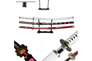 Hashiman - Triple Katana One Piece - Roronoa Zoro Shusui Wado Kitetsu - Trois Réplique Manga Sabre + Support d'Epée Bois + Triple Ceinture