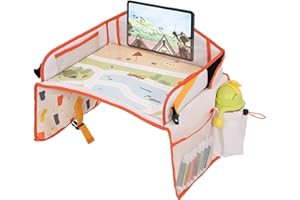 Jovikids Vassoio da Viaggio per Bambini, Tavola da Disegno Cancellabile, Tasca PAD touch screen Tavolino Auto per Bambini, 7 Tasche, Pieghevole e Portatile (beige)