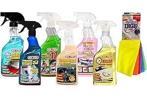 Ma-Fra Kit Trattamento Auto Interno ED Esterno. 3IN1 PLASTICA-Last Touch-HP 12 - Killer RIMUOVE Insetti - Glass Cleaner - Trattamento TESSUTTI 3IN1 Insieme 7 Panni Microfibra Multiuso 30x35 cm