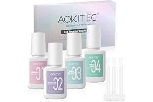 Aokitec Dipping Powder Liquid Set, 4 * 10 ml, Dip Base Top Coat Activator & Brush Saver con Replacement Brushes para inmersión en polvo acrílico Dip Powder Nail Kit