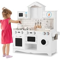 HOMASIS Cuisine En Bois Pour Enfant 3 Ans+ – Ensemble Complet Avec Lumières, Sons, Évier, Four Et Accessoires (Blanc)