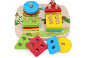 BettRoom Toddler Toys 1 2 Year Old, Montessori Stacking Toys Colourful Wooden Sensory Toy Pre-school Learning Shape Sorter Judgment Geometry Building Blocks Stack Classification Puzzle