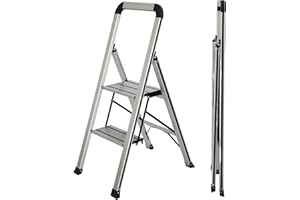UZIRO Escalera 2 Peldaños, Escaleras Plegables de Aluminio Liviana, Decorativa, Peldaños Anchos Antideslizantes, Mecanismo Antiplegado, Compacta, Fácil de Guardar (2 Peldaños)