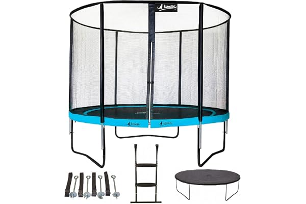 Kangui - Trampoline PUNCHI ATOLL + échelle + couverture de propreté et kit d'ancrage - Bleu et noir - Ø300cm - 360cm - 430cm