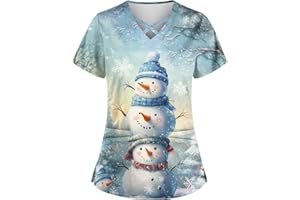 DIYIOUZHOU Christmas Scrubs for Women Xmas Plus Size Short Sleeve Pretty Criss Cross V-Neck Nurse Medical Top with Pockets