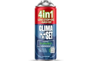 CLIMASET - 4-I-1 Luftkonditionering Påfyllningsgas R134a, Olja, Läckagetätningsmedel Med UV-Färgämne - AC-Gaspåfyllnings- och Läckagedetekteringssats - Påfyllningssats för Bilens Luftkonditionering