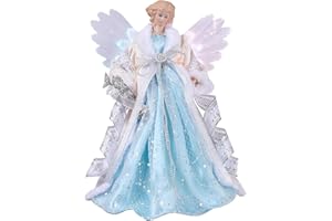 Valery Madelyn Ozdoba choinkowa z aniołem, srebrna i niebieska, figurka z ciepłymi diodami LED, zasilana bateriami, do dekoracji choinki, 26 cm