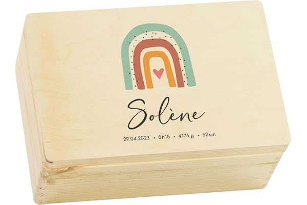LAUBLUST Boîte à souvenirs bébé personnalisée - Cadeau de naissance avec prénom | Arc-en-Ciel, tailles S, M, L - Boîte à souvenirs pour filles & garçons | Boîte en bois naturel ou blanc, FSC®