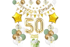 FEYG 50th Birthday Decoration for Men Women, Sage Green White Gold 50th Birthday Balloons with Happy 50th Birthday Banner Cake Toppers Triangle Flag Number 50 Balloons for 50 Year Old Birthday Decorations