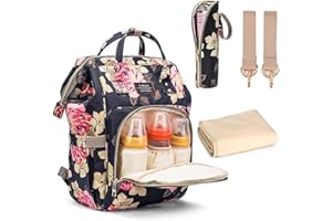 SROTEK LOKASS Sac à langer à dos Floral Bébé Sac à langer résistant à l'eau avec sac de bouteille d'eau isolé/Matelas à langer pour femmes/filles/Maman (Peony)
