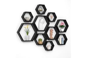 WONFUlity Hexagonala flytande hyllor bikakehyllor väggmonterad trä lantlig förvaringsvägghylla för badrum, kök, sovrum, vardagsrum, drivvedfinish väggdekor