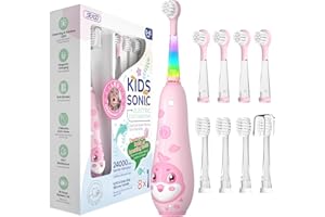 seago cepillo electrico infantil recargable, cepillo dientes bebe con luz LED, temporizador y 8 cabezal de recambio para niños mayores de 2 años, IPX7, SG2139(Rosa Claro)