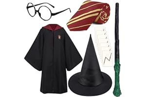 Magic Unisex Costume Robe Cape Accessories with Wizard Wand Tie Magic Hat Glasses Frame Tattoo for Boys Girls Adults Kids