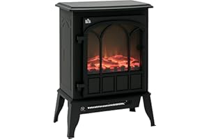 HOMCOM Freestanding Electric Fireplace, Electric Stove Heater with LED Flame Effect, Overheating Safety System, 1000W/2000W Black