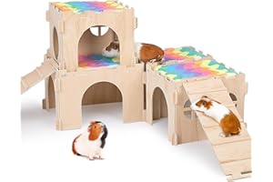 BeBeJoJo Meerschweinchen Versteck Aus Holz,4 Häuser,105x25x20cm,Meerschweinchen Haus Mit Rampe Kaninchenhaus für Kleine Haustiere