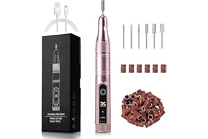 Madenia Nail Drill 35000RPM, Battery Electric Nail Files for Acrylic Nails Gel Cordless Portable, Adjustable Speed Manicure Pedicure Set with Sanding Bands and Nail Drill Bits,Gifts for Women,Pink