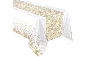 Yiran 137x274cm Nappes de Fête Imperméable, Blanc Nappe de Table Réutilisable, Nappe à Pois Dorés, Couverture de Table, Rectangulaire Nappe en Plastique pour Mariage Anniversaires Noël