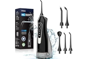 COSLUS - Idropulsore dentale per denti senza fili: Irrigatore orale portatile COSLUS da 300 ml, 5 punte a getto, ricaricabile, strumento di pulizia per denti IPX7, impermeabile, per viaggi e casa