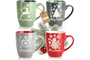 com-four® 4x Kaffeebecher aus Keramik - Kaffee-Tasse in modernem weihnachtlichem Design - Kaffeepott für Kalt- und Heißgetränke - bunte Henkeltassen 250 ml (rot/grau/grün/blau - 250ml)