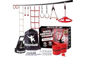 NINJASAFE Parcours d'obstacles Ninja pour Enfants – 10 Obstacles durables et 15 m Slackline – Équipement de Jeu d'extérieur pour Filles et garçons avec Filet d'escalade, échelle, Roue, Gymnastique guerrière et