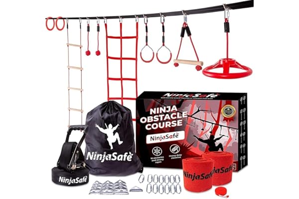 Parcours d'obstacles Ninja pour Enfants – 10 Obstacles durables et 15 m Slackline – Équipement de Jeu d'extérieur pour Filles et garçons avec Filet d'escalade, échelle, Roue, Gymnastique guerrière et