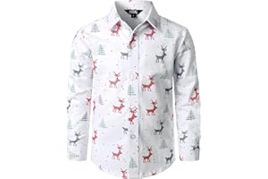 JOGAL Boys Christmas Santa Claus Party Long Sleeve Button Down Shirts Kids Print Cotton Shirt